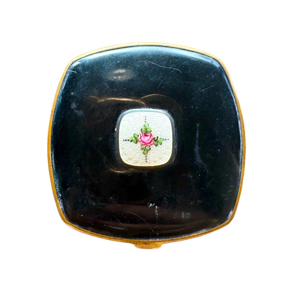 Vintage La Mode Black & Floral Guilloche Compact Mirror - Circa 1930s-40s